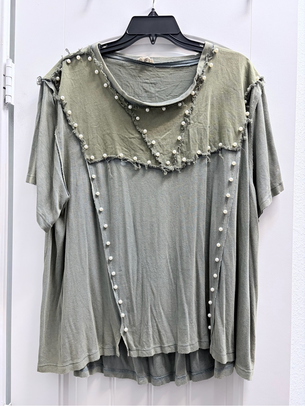 POL Sage Green Short Sleeve Pearl-Trim Top
